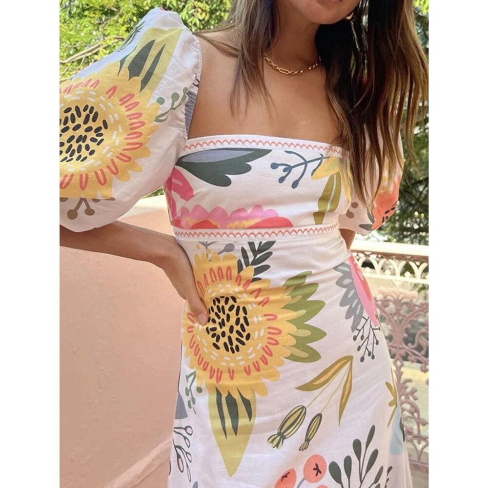 NWT $249 Nicola Women 8 Linen Cotton Maxi Dress Potpourri Bold Flowers Cottage - Picture 3 of 14